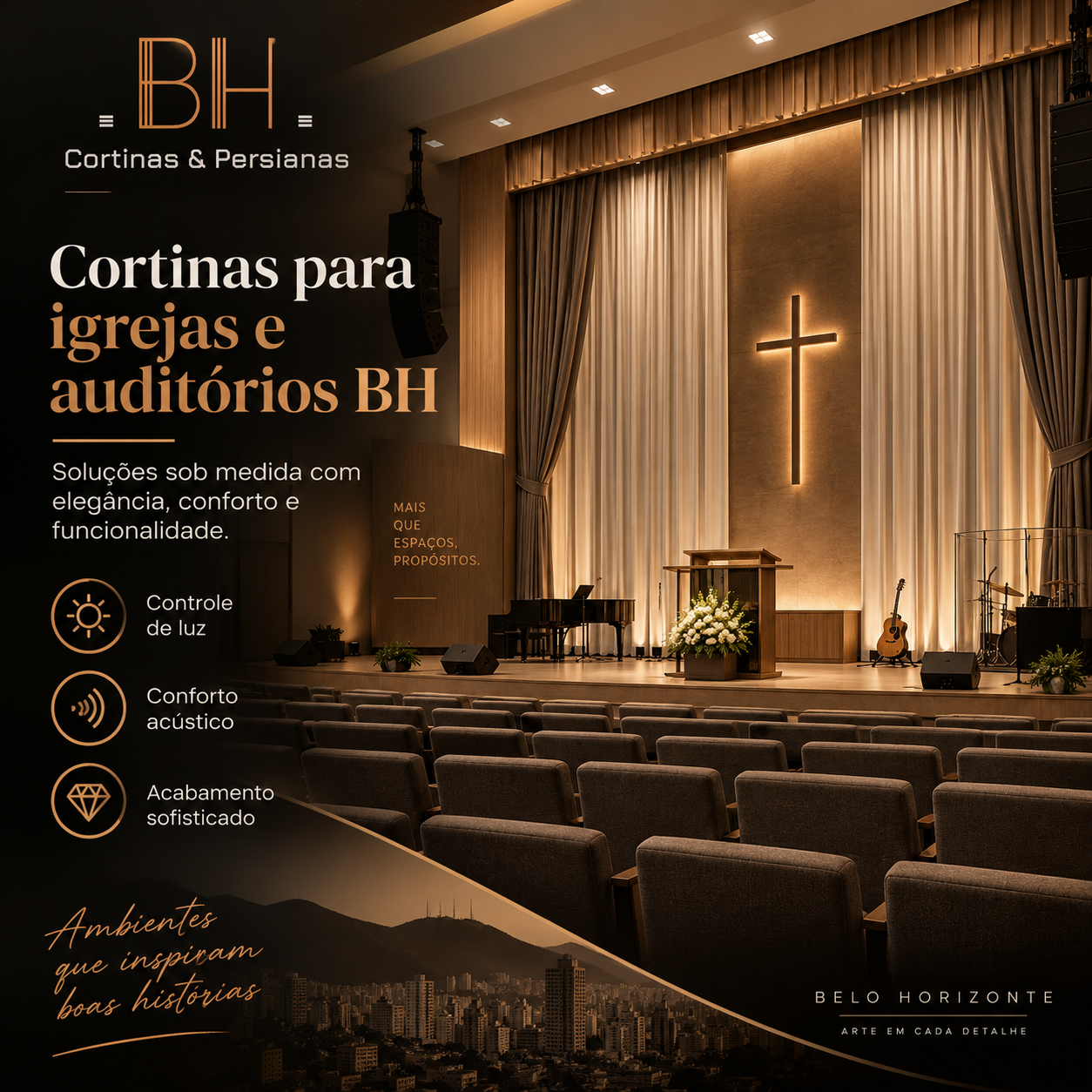 Cortinas para igrejas e auditórios BH soluções sob medida para conforto, estética e funcionalidade